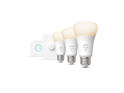 Hue White Trousse de démarrage : 3 ampoules intelligentes E26 (60 W) + bouton intelligent