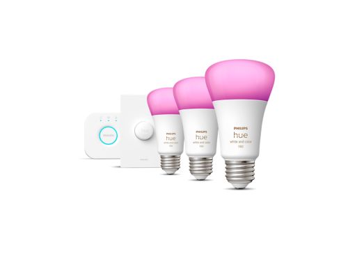 Ambiance blanche et colorés Hue Trousse de démarrage : 3 ampoules intelligentes E26 (75 W) + bouton intelligent