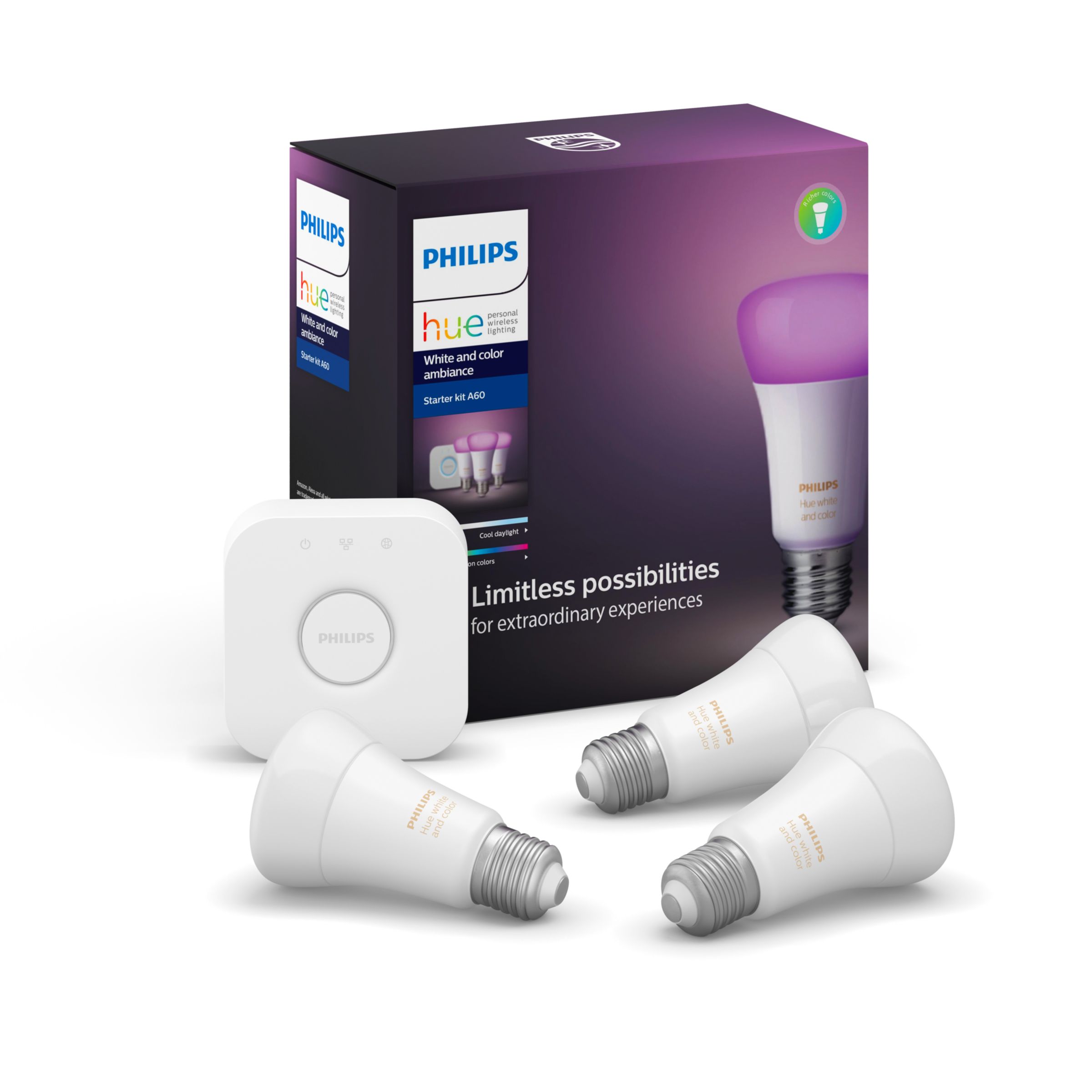 Hue White and color ambiance Starter kit: 3 E27 smart bulbs (800 