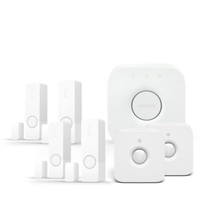 Nahaufnahme der Vorderseite von Großes Secure Sensor Starter-Set mit 4 Kontaktsensoren, 2 Bewegungsmeldern & Hue Bridge