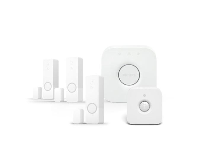 Close up of front of Bundle: 3x Secure contact sensors + 1x motion sensors + Bridge