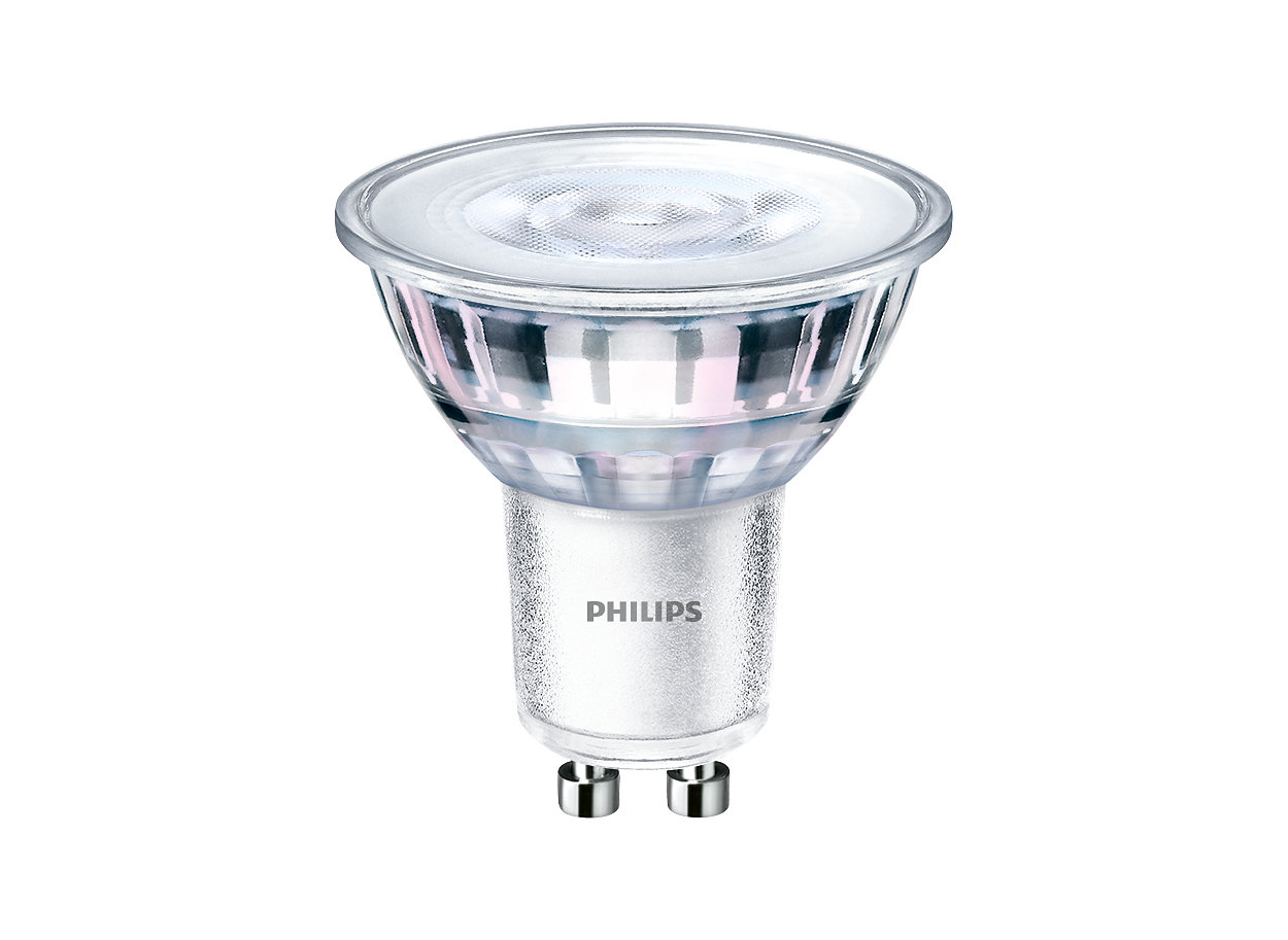 Lampa CorePro LEDspot MV doskonale nadaje się do oświetlenia punktowego GU10 i zapewnia ciepłe światło podobne do światła halogenowego