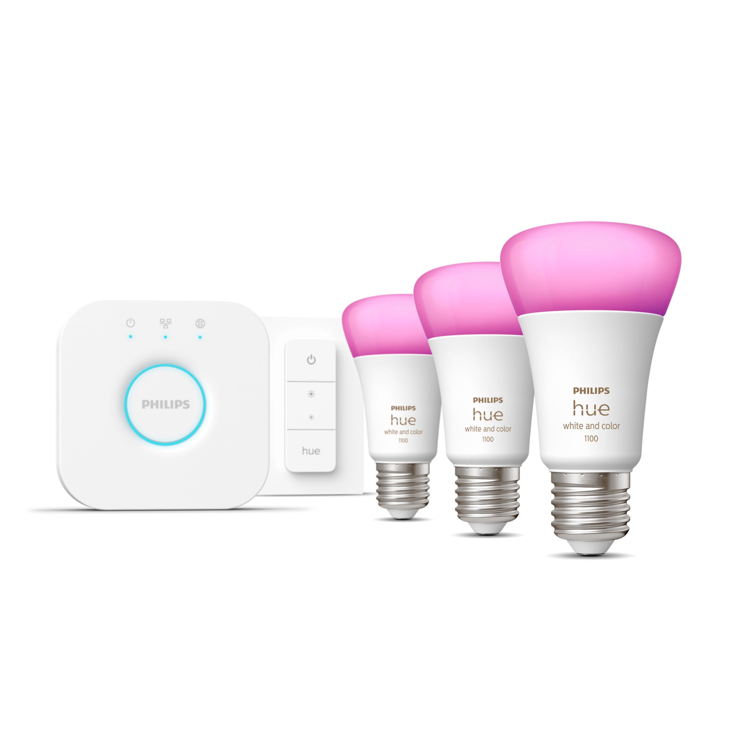 Kit de inicio Hue: Hue Dimmer switch + paquete de tres bombillas LED E27 +  Hue Bridge