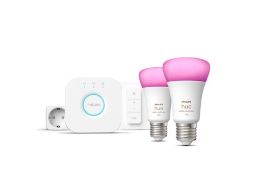 Hue White & Color Ambiance Starter-Set: E27 Lampe A60 Doppelpack - 1100lm + Dimmschalter + Smart Plug