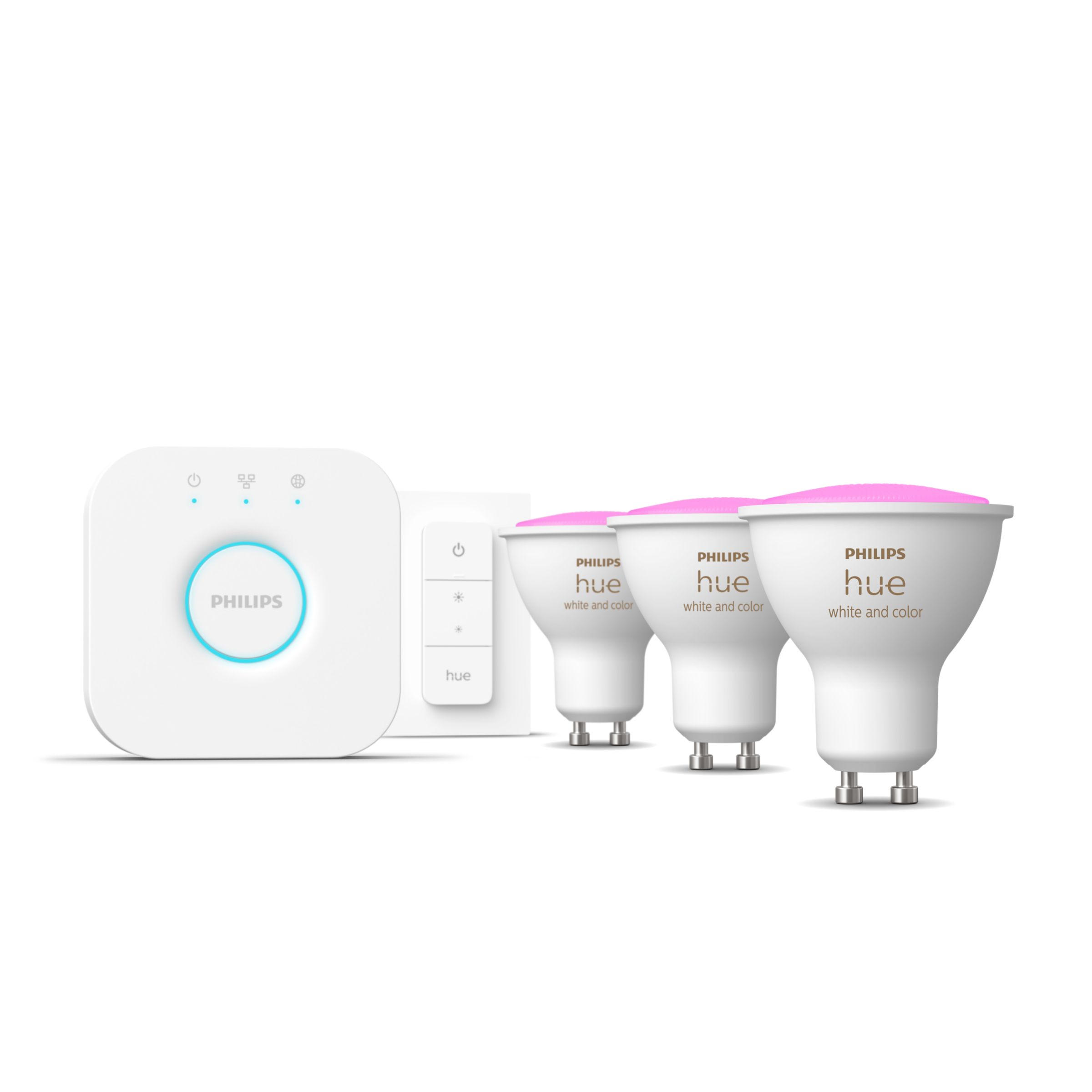 Philips Hue White and color ambiance Startpaket: 3 st GU10 spotlights + Dimmer switch