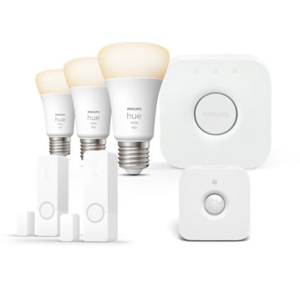 Nahaufnahme der Vorderseite von Hue Smart Security Starter-Set mit 2 Kontaktsensoren, Bewegungsmelder, 3 White E27 Lampen & Hue Bridge