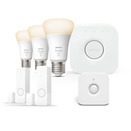 German:An image of product of the Hue Smart Security Starter-Set mit 2 Kontaktsensoren, Bewegungsmelder, 3 White E27 Lampen & Hue Bridge