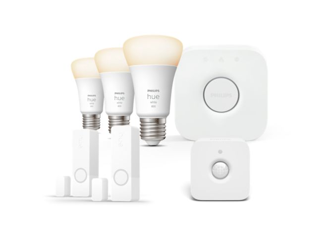 Gros plan de l'avant de Pack de 2 capteurs de contact Hue Secure + 1x détecteur de mouvement + 3x Ampoules E27 blanc + Bridge