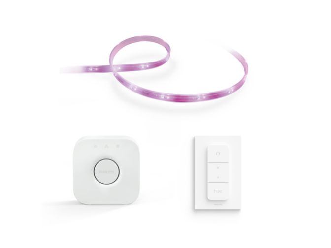 Close up of front of Endurance bundle: Lightstrip Plus + dimmer switch + Bridge