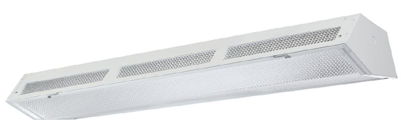 Aesthetic lensed fluorescent High-Bay with up-light available with 2 lamps T5 or T8.