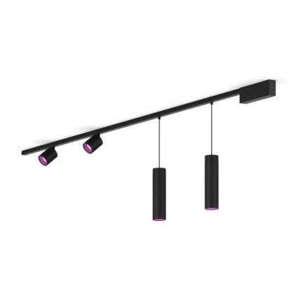 Närbild på framsidan av Perifo rak bassats för tak (2 spottar, 2 pendelarmaturer)
