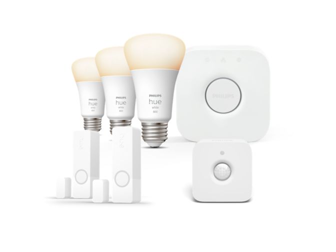 Close up of front of Bundle: 2x Secure contact sensors + motion sensor + 3x White E27/E26 bulbs + Bridge