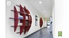 Hallways with red bookshelfs