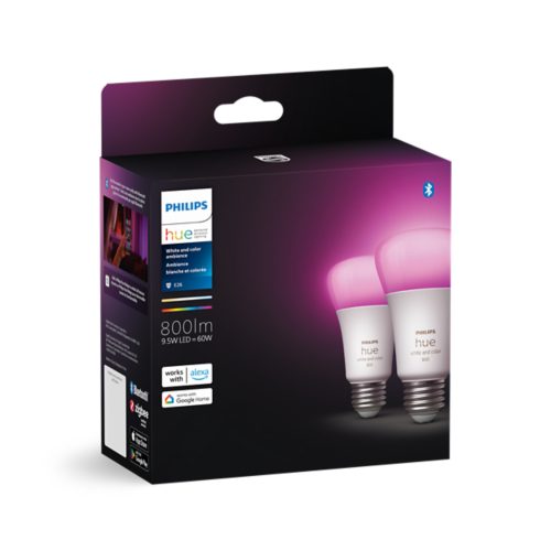 Box featuring white and color LED light bulbs with a rounded shape, silver base, and frosted finish, showing product details and compatibility icons.