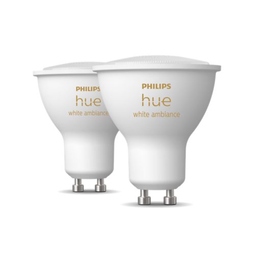 A collection of white GU10-shaped smart light bulbs with metallic base, matte finish, and hue white ambiance text on each.