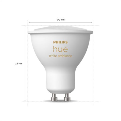 White GU10 shape smart light bulb with matte finish, visible dual-pin base, and text reading hue white ambiance, 2 inch diameter.