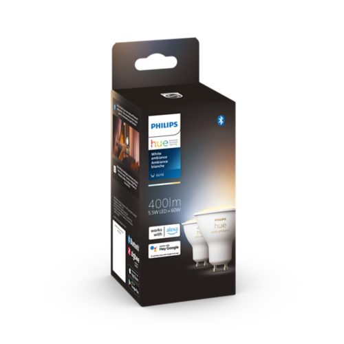 Black product box featuring white GU10 smart light bulbs, with visible text: 400lm 5.5W LED=60W, White ambiance, works with Alexa, Hey Google.