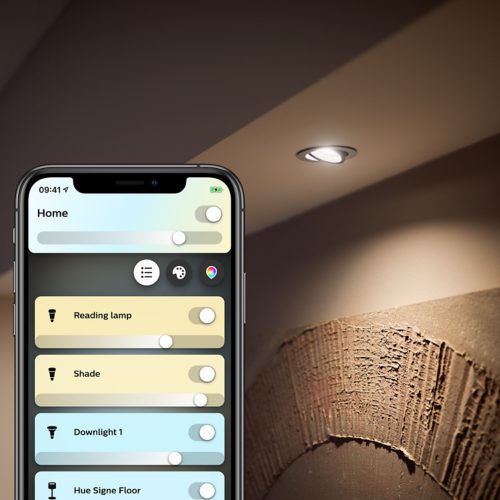 Smart lighting app interface showing toggles and sliders for Home, Reading lamp, Shade, Downlight, and Hue Signe Floor controls.