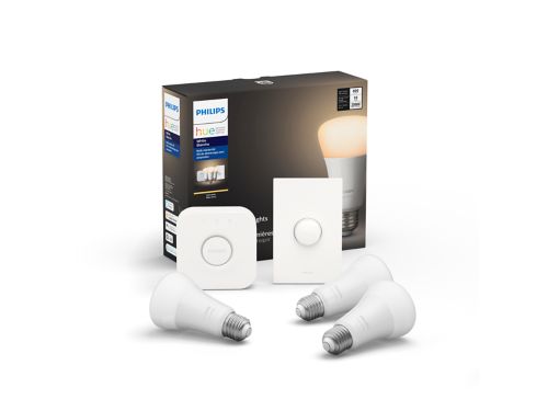 Hue White Trousse de démarrage : 3 ampoules intelligentes E26 (60 W) + bouton intelligent