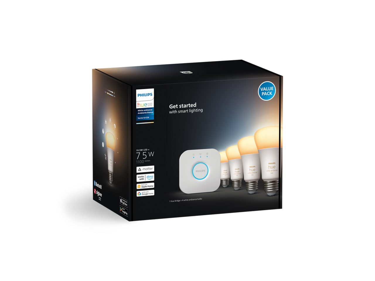 Hue Starter kit: 4-pack A19 E26 LED Bulbs White Ambiance + Hue Starter kit: 4-pack A19 E26 LED Bulbs White Ambiance +