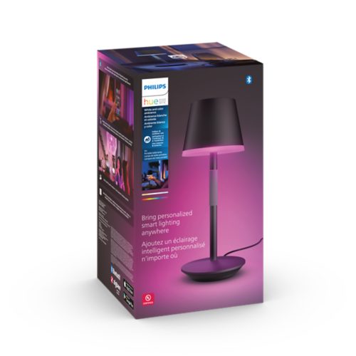 Product packaging showing a black table lamp with a pink light, Bluetooth symbol, and multilingual text about personalized smart lighting.