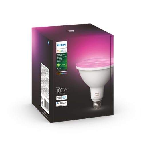 A product box featuring a smart light bulb with a pink illuminated top, labeled for outdoor use and compatible with Alexa and Google Assistant.