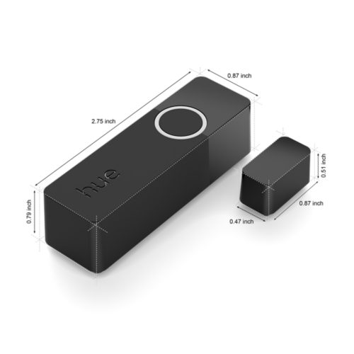Black rectangular contact sensor with matte finish, compact design, embossed hue text, and visible dimensions labeled in inches.