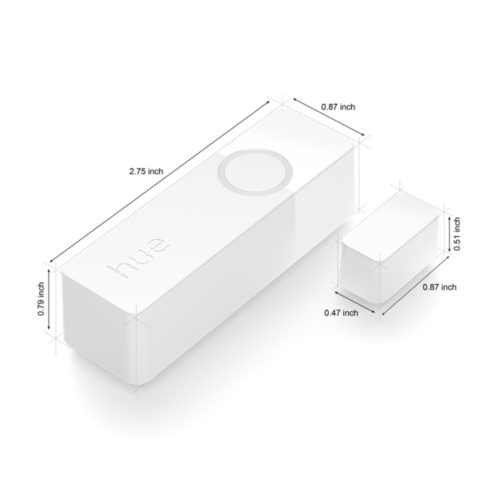 White Hue Secure contact sensor set, rectangular shape, matte finish, compact design, visible circular marking, product dimensions shown.