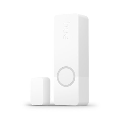 White rectangular contact sensor with a compact design, matte finish, circular accent, and embossed hue text on the surface.