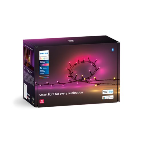 Product box featuring string lights with pink, yellow, and purple illumination, text reads Smart light for every celebration.