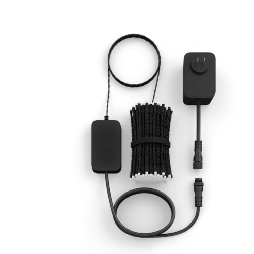 A collection of black string lights, a power adapter, and a control unit with attached cables on a white background.
