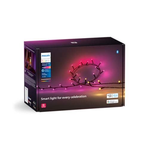 Box of string lights featuring multicolored bulbs with the text Smart light for every celebration on the front of the packaging.