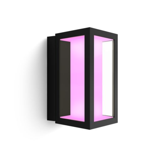 Impress wall lantern, rectangular shape, black finish, with visible pink light inside, mounted on a flat surface, no switches shown.