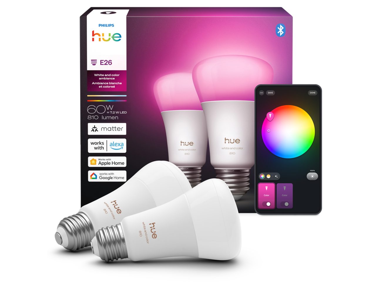 Hue White and color ambiance 60W A19 2PACK- E26 smart bulbs