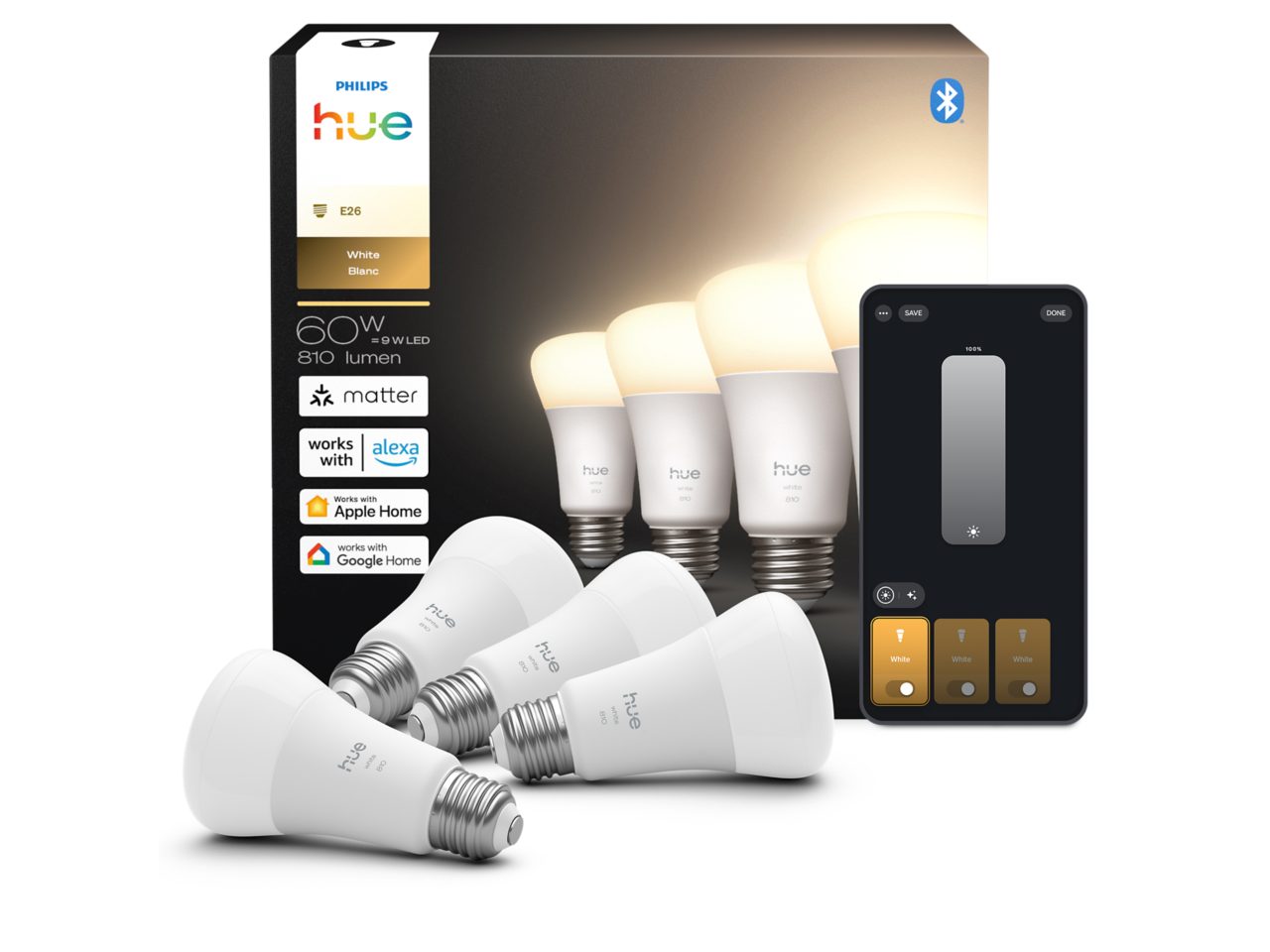 Hue White 60W A19 4PACK- E26 smart bulbs | Philips Hue