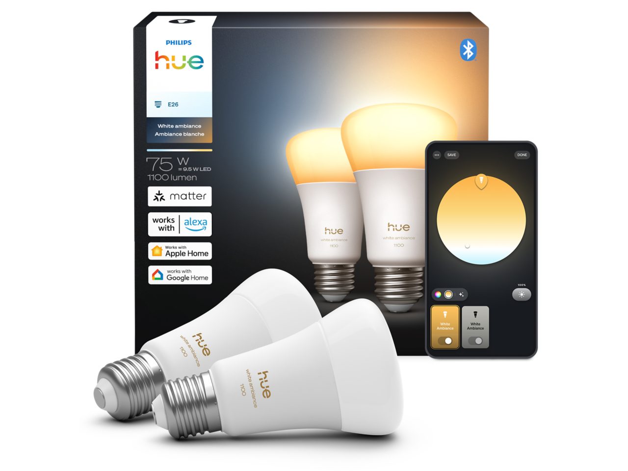 Philips Hue White Ambiance 1600ルーメン 2個 Hue White ambiance 75W A19 2PACK- E26 smart bulbs | Philips Hue