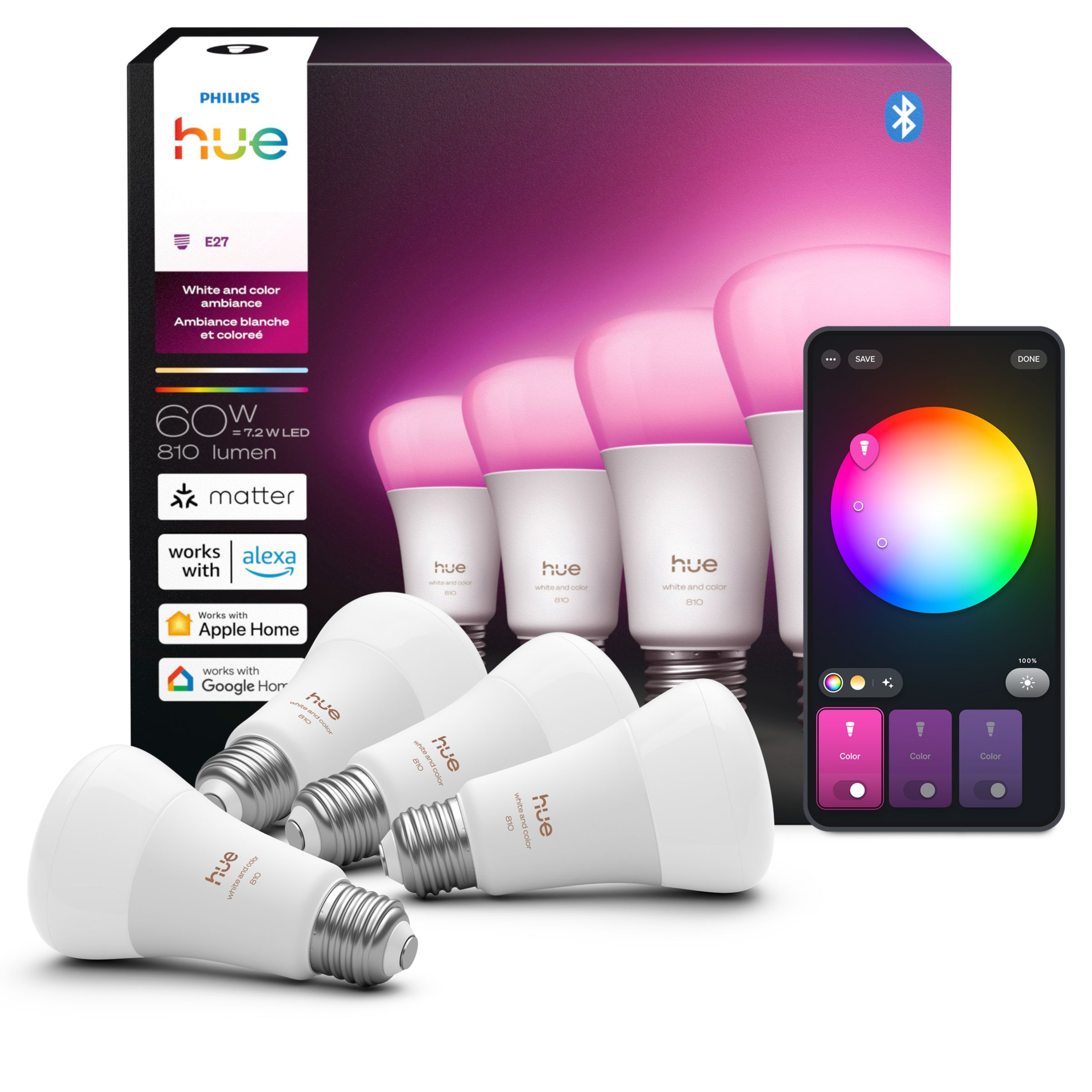 Hue White and Color Ambiance 60W A19 4-Pack E26 Smart Bulbs