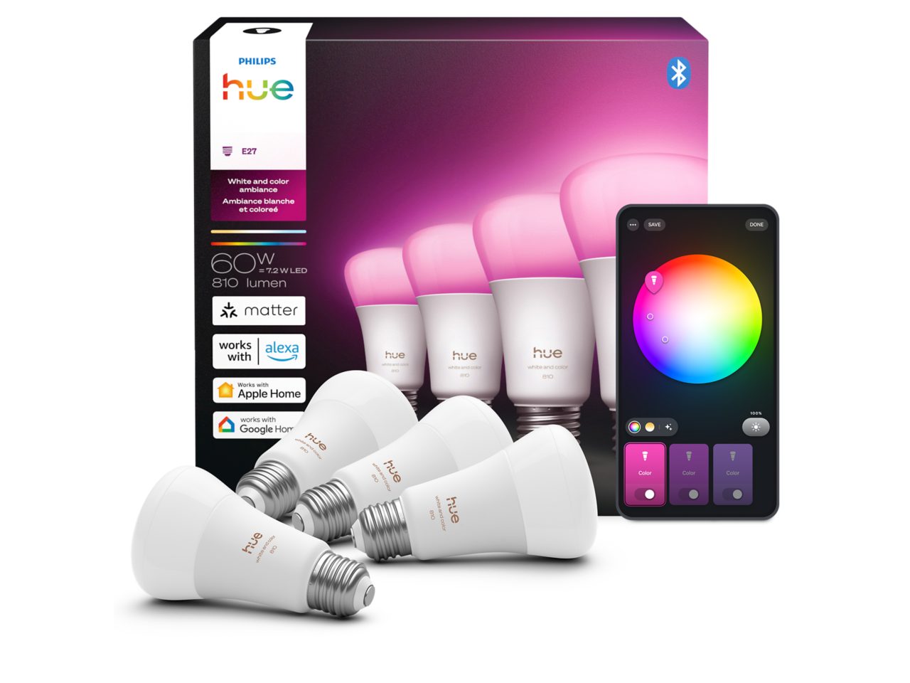 Hue White and color ambiance 60W A19 4PACK- E26 smart bulbs