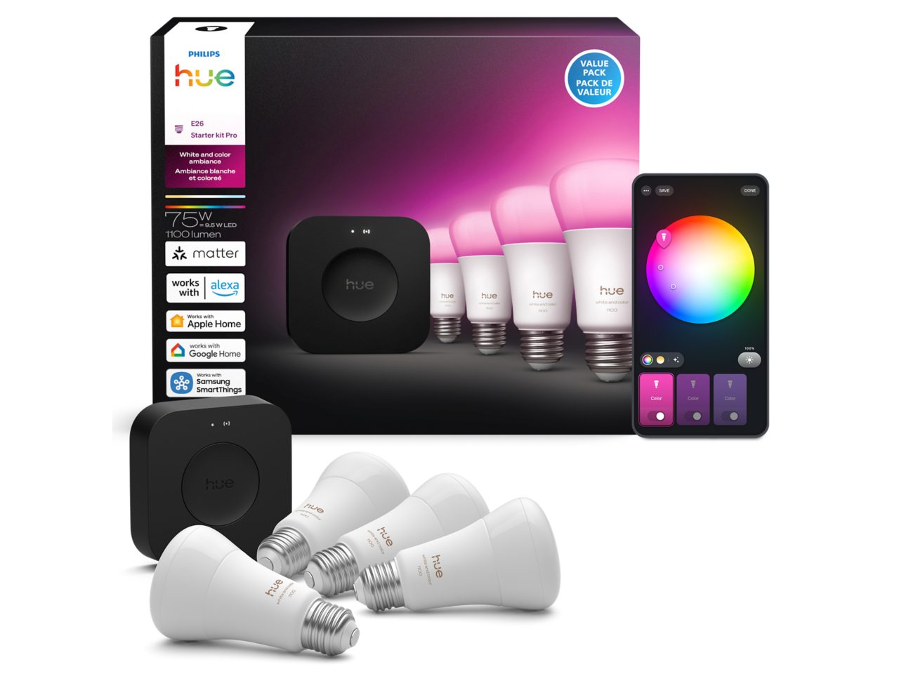4 A19 colored LED Bulbs E26 + Bridge Pro | Philips Hue