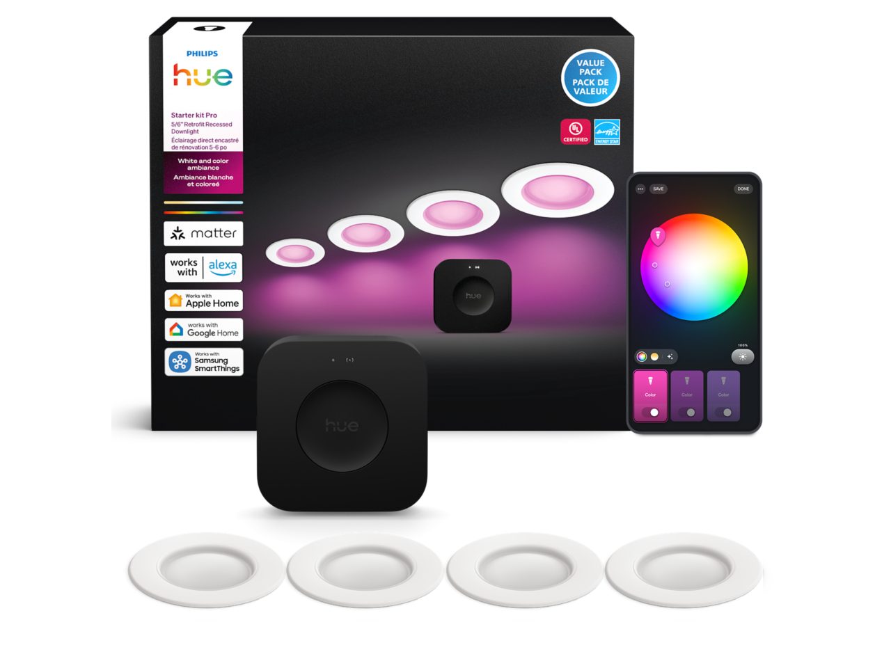 4 Can LED Downlights - 5/6 inch + Bridge Pro | Philips Hue