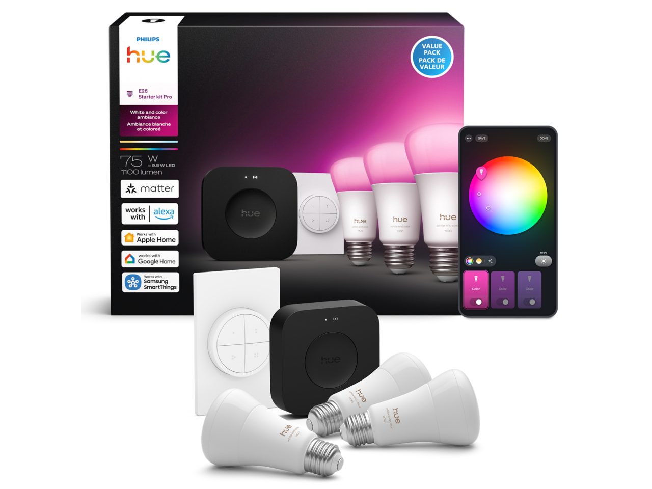3 A19 LED Bulbs E26 + Tap Dial Switch + Bridge Pro | Philips Hue