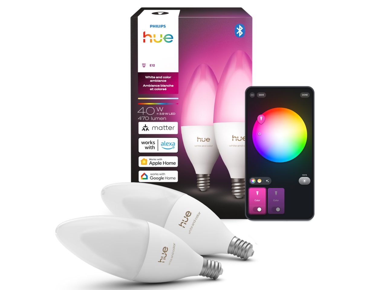 2 B39 E12 White and color LED candelabra bulbs | Philips Hue