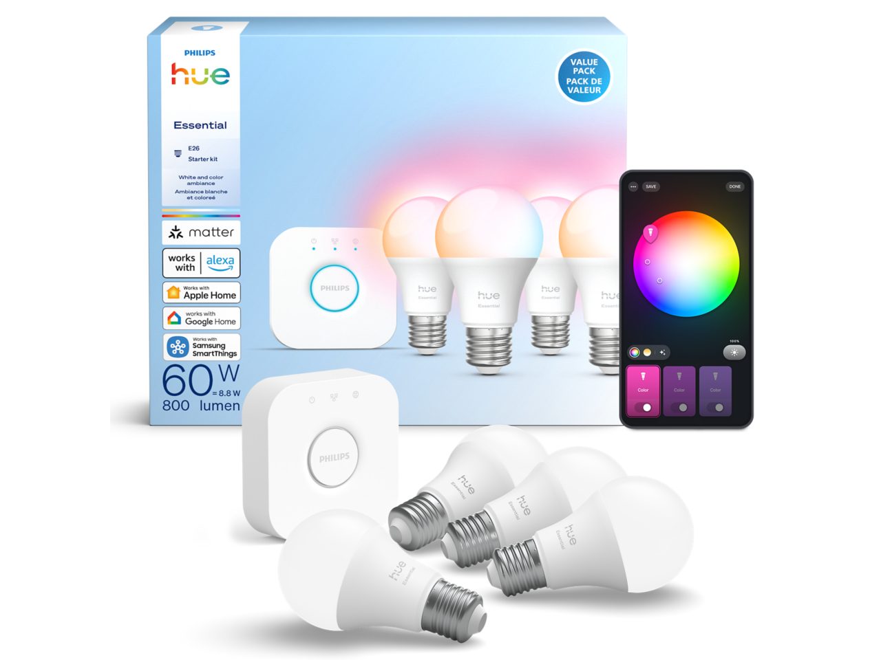 Philips Hue white 800ルーメン E26 8個セット Hue White and color ambiance Essential starter kit: 4 E26