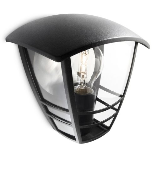 Outdoor wall light with a black matte finish, featuring a clear glass enclosure and visible bulb inside a geometric frame.