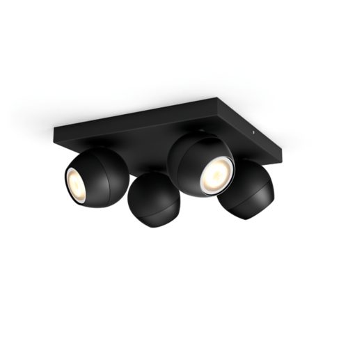 Black ceiling-mounted spotlight fixture with a matte finish, featuring spherical adjustable lights and a compact rectangular base.