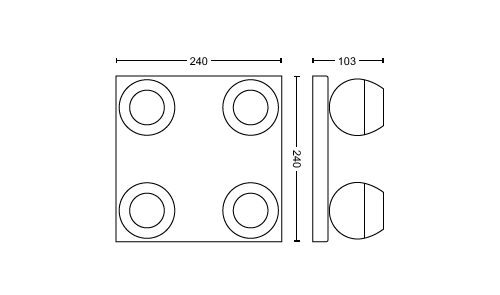 Technical drawing showing a square plate with four circular cutouts, side and top views, and labeled dimensions for installation reference.