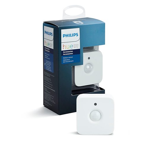 Square white motion sensor with rounded edges, matte finish, single sensor dome and indicator, shown with product packaging labeled Motion sensor.