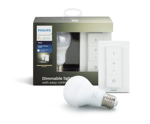 A white smart bulb, a white wireless dimmer switch, and product packaging displaying Dimmable lights with easy control.