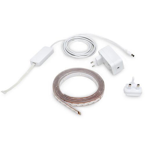 Flexible LED light strip, white power adapter with cable, connector, and a plug adapter on a white background.