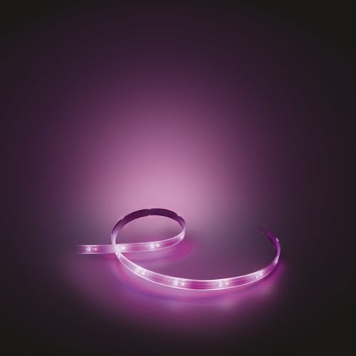 Flexible LED light strip emitting pink light, compact shape with a glossy finish, individual LEDs visible along the strip.
